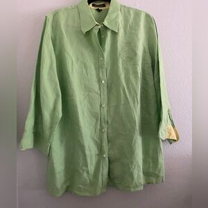 LRL Ralph Lauren Top 1X 100% Linen Shirt Green Yellow Crest Flip Sleeve